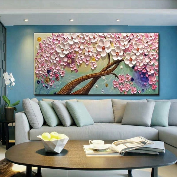 Quadro moderno dipinto a mano - Pink Flowers - Tecnica olio su tela pittura  in rilievo su tela